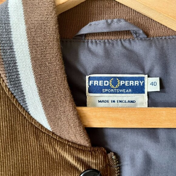 FRED PERRY Brown Corduroy Zip Up Mod Ska Bomber Jacket 40 w/ White Grey - Picture 2 of 4